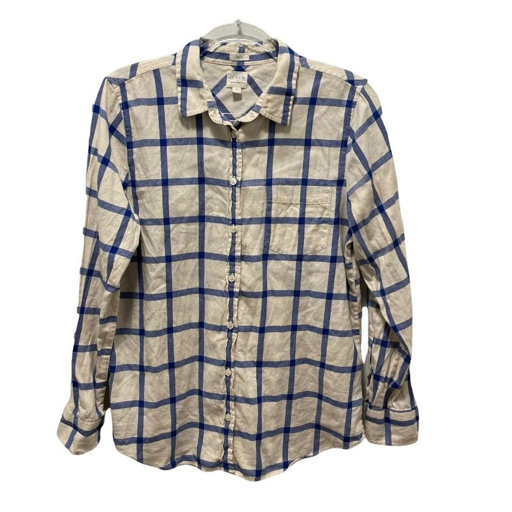J Crew BoyFit Flannel Shirt Blue White Window Pane Long Sleeve Women's Size M